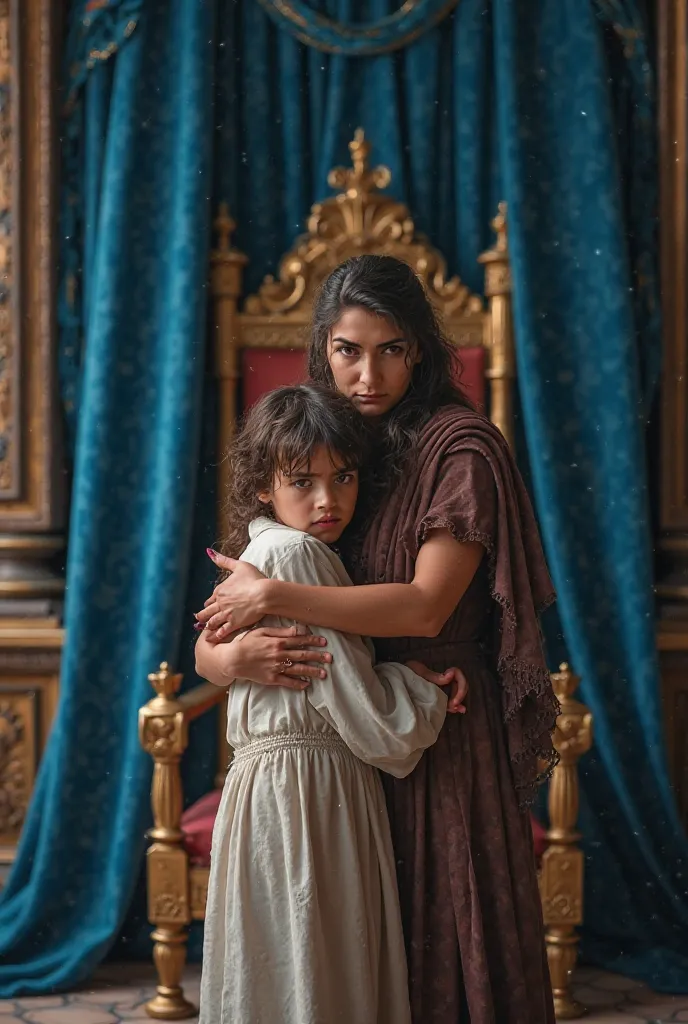 Hebrew woman hiding a Hebrew boy inside the royal palace , a throne with blue curtains 