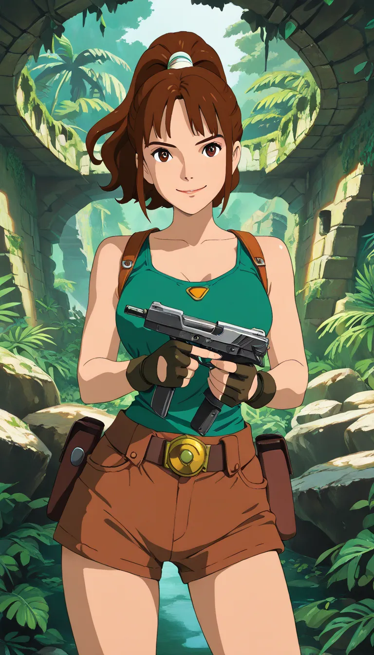 (1girl, NM_lara_remastered), (extremely detailed CG unit 8k wallpaper),(master part), (best quality), (ultra detail), (best illustration),(ghibli_style), cowboy shot, close up, standing, facing viewer, looking at viewer, perfect face, perfect eyes, perfect...