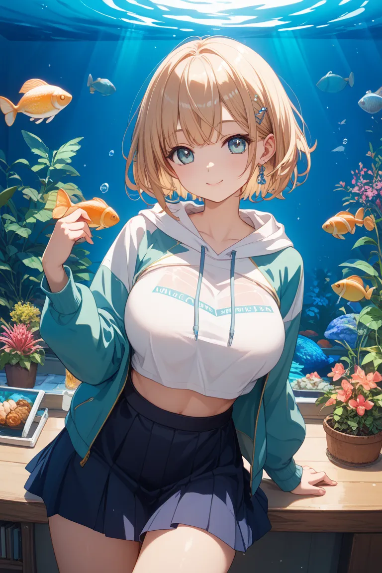 cute、 anime、Big Breasts、HD、short hair、 Gold、 Aquarium 、Date、 skirt、 hoodie、I can see 