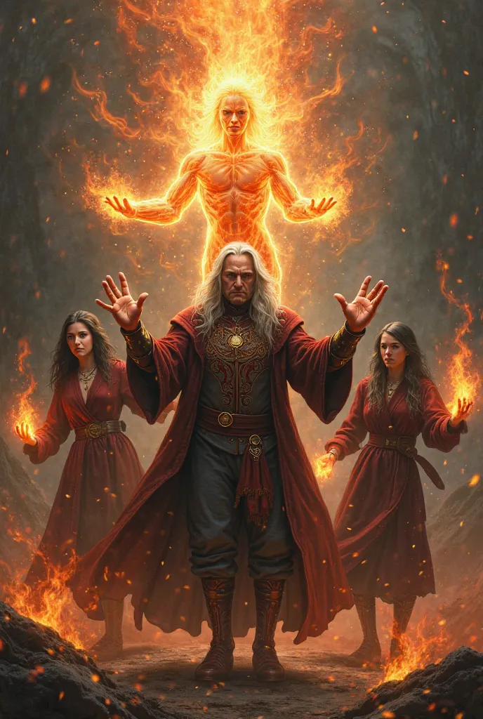  girls on the left,wizard, Fire Spirit ,Put your hands forward, black hair,long hair,Wearing flames,Magic Rim