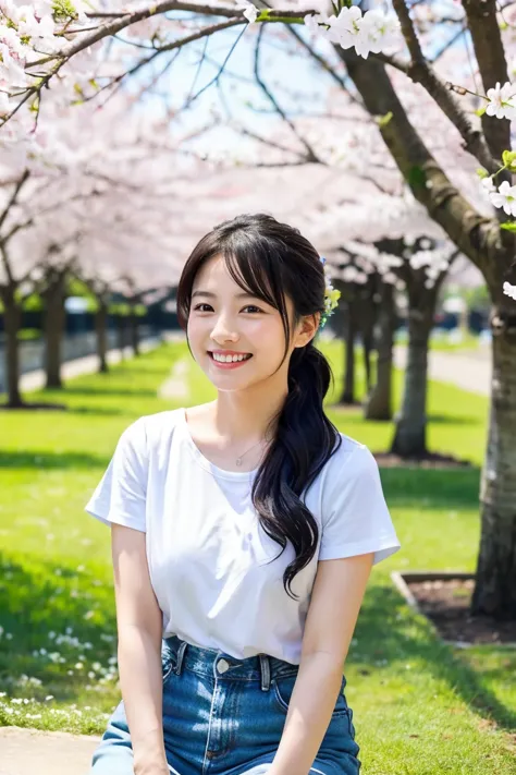 「A 35 year old cute Japanese woman。has dark hair up to her shoulders blowing in the wind、has a bright smile。She has small breasts、She is casually wearing a white t-shirt and light blue denim。At the spring park、She sits under cherry blossoms in full bloom、i...