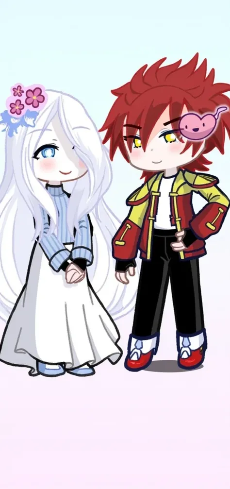 A girl with long white hair and blue eyes. With boy with spiky red hair. Yellow eye