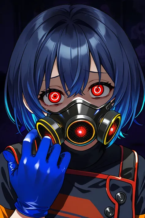  Medium-breasted girl,  blue hair, multicolored hair, detailed eyes, Yandere expression , Yandere,  evil smile, uniforme da SWAT,  gas mask, blue glove, red-eyed uniform,  short hair