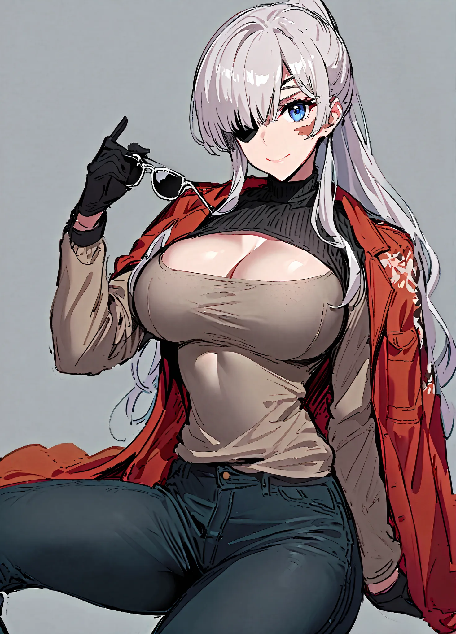 1girl,lydia macarthur,original,blue eyes,breasts,burn scar,denim,gloves,hair over one eye,jeans,large breasts,long hair,long sleeves,looking at viewer,one-eyed,one eye closed,pants,scar,sitting,sketch,solo,turtleneck,white background,white hair,open jacket...