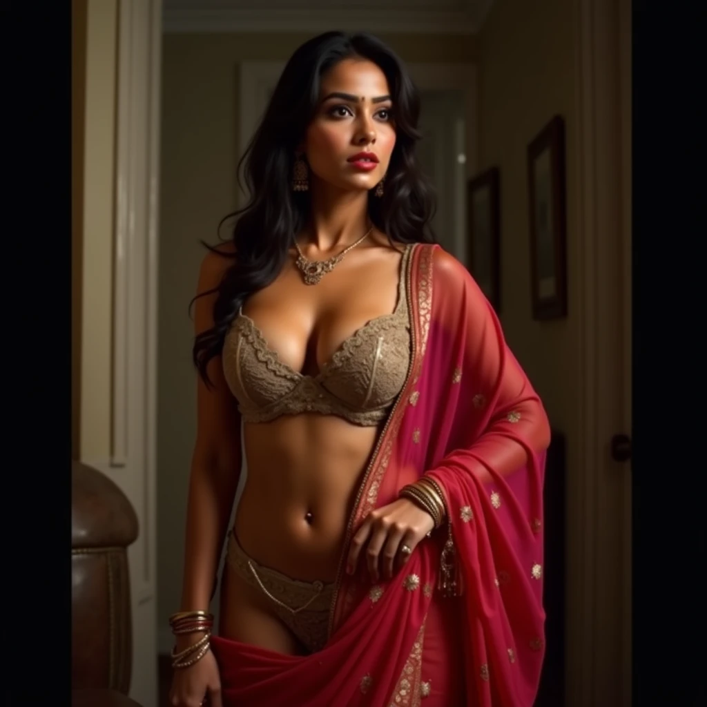 Indian girl in saree saree & deep down blouse, showing her wide sexy hip, underwear, deep cleavage, wide hip, bra