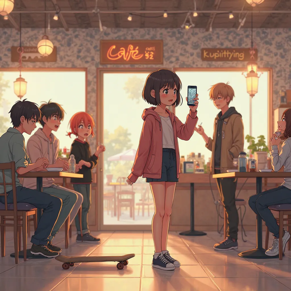 An anime-style illustration set inside 'Shiru Cafe,' a cozy and warmly lit café. A age girl standing on the floor after falling off her skateboard and telling the story how she fell to her friends. Her knee is scraped, and her eyes are filled with tears as...