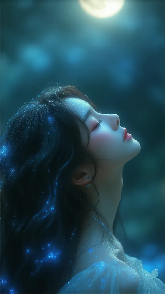 beautiful aura　amazing beauty　Mysterious　すごく綺麗blue　lover　blue　Like a celestial maiden
sparkling hair ornament　beautiful loose wavy hair up to the waist　full moon
Full body　A woman who looks in front of her memories is beautiful　I'm closing my eyes lovingly...