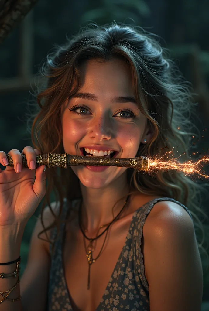 Generate a woman smiling while biting an intricate magical wand firmly glued between her teeth 