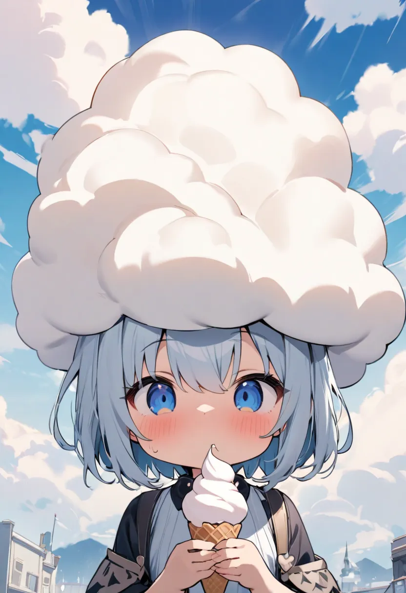 masterpiece, TOP QUALITY, Little SD character who seems to have eaten a soft serve ice cream shaped cloud with a pop in the sky, 食べたそうにしているSDキャラのチビちゃん