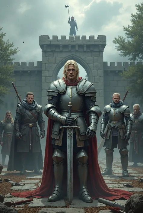 "A haunting and symbolic cover scene in front of the courtyard of a crude fortress atop a small hill. At the center, a late 20s blonde knight Reinhardt stands powerfully, holding a broadsword (Broadsword). With a muscular build (about 180–185 cm tall, 80–9...