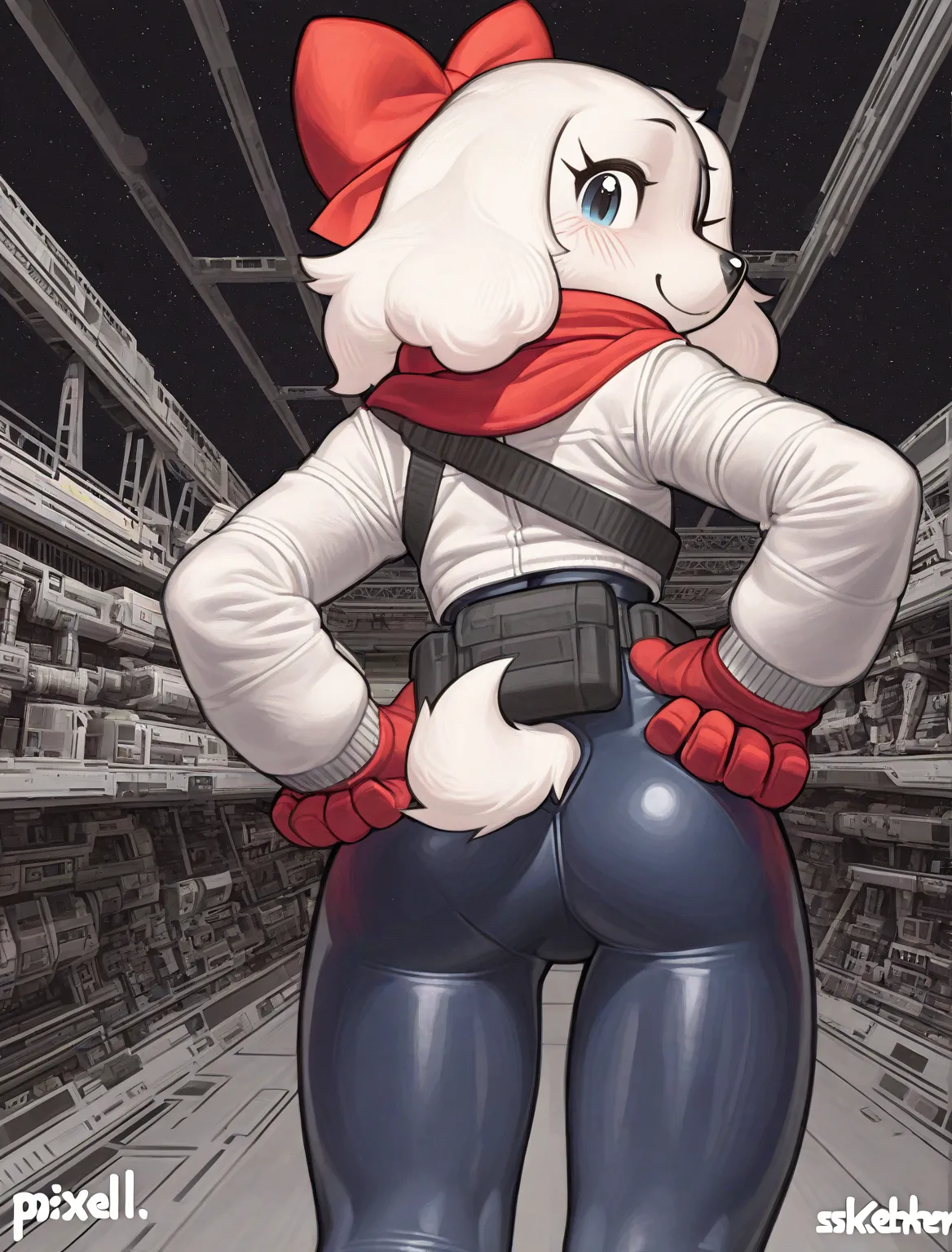 ((Fay Spaniel)), ((Starfox)), ((pixelsketcher style)), ((wamudraws style)), ((masterpiece)), ((high resolution)), ((solo portrait)), ((back view)), {(attractive figure), (thick tights), (beautiful legs), (white fur), (black nose), (floppy dog ears), (cute ...