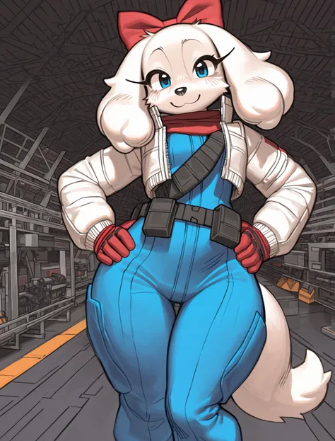 ((Fay Spaniel)), ((Starfox)), ((pixelsketcher style)), ((wamudraws style)), ((masterpiece)), ((high resolution)), ((solo portrait)) {(attractive figure), (wide hips), (beautiful legs), (white fur), (black dnose), (floppy dog ears), (cute blue eyes), (long ...