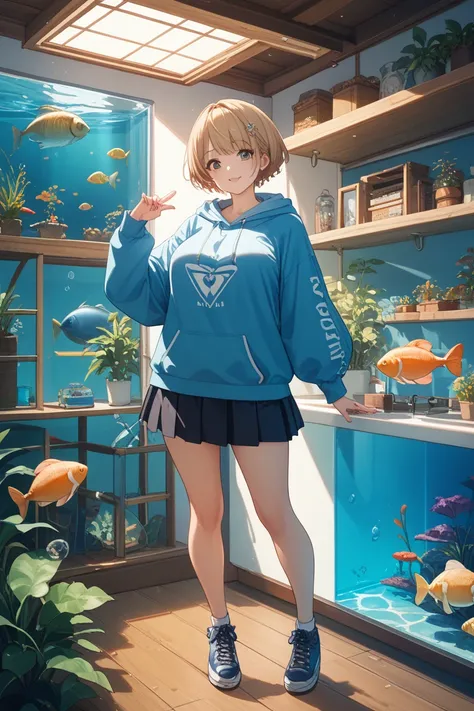 cute、 anime、Big Breasts、HD、short hair、 Gold、 Aquarium 、Date、 skirt、 hoodie、full body、side angle