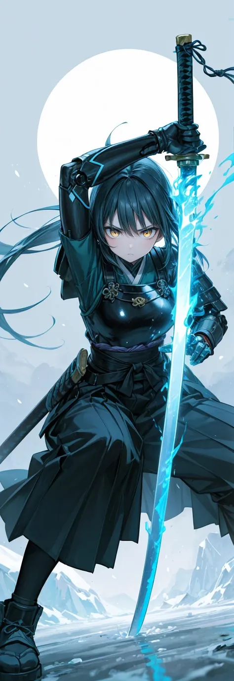 best quality, high detailed, Samurai Girl, mechanical right arm, iai stance, katana, big weapon, frozen arm, cold blue flame, Slash effect, serious, beautiful eyes, super fine eyes