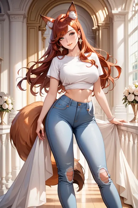 (best quality, masterpiece, ultra detailed, high resolution), Beautiful 8K CG artwork, 1girl, elegant yet sexy auburn fox girl, (long hair, auburn straight hair, swept bangs, auburn fox ears, nine elegant auburn fox tails), 
(high definition stylish navy o...