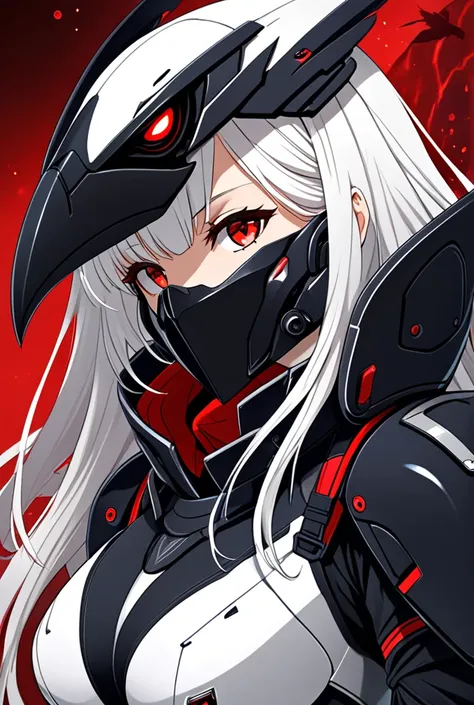 Girl with a big butt and long white hair and red eyes with reinforced steel armor that does not leave exposed skin, But it marks its curves and a futuristic raven helmet with a visor for night vision and gas filtration that covers the entire head 