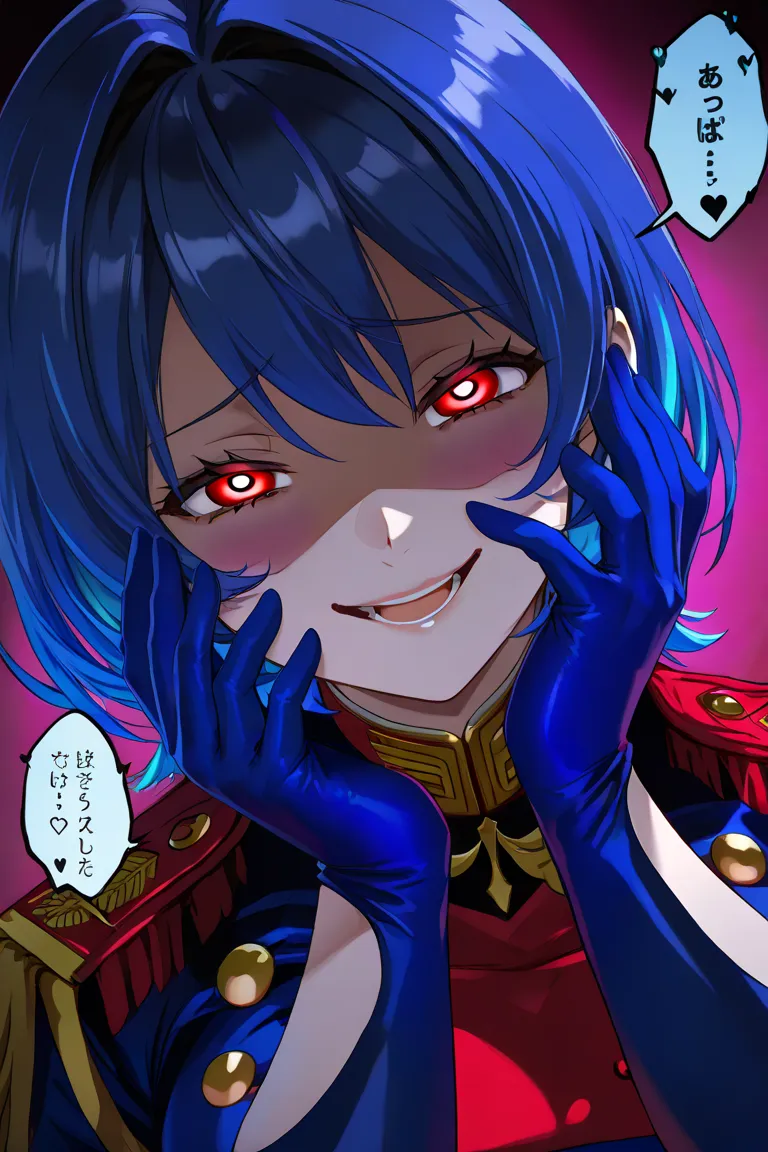  Medium-breasted girl,  blue hair, multicolored hair, detailed eyes, Yandere expression , Yandere,  evil smile, Uniform La Casa de Papel, blue glove, red-eyed uniform,  short hair