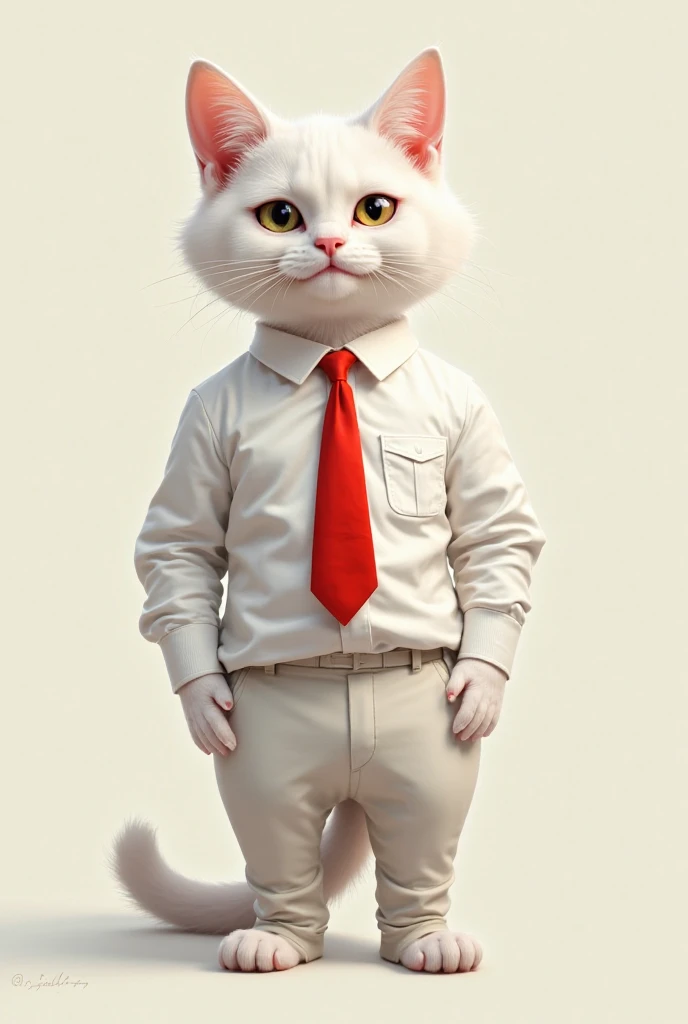 A white color cat is standing who is wearing pants White color shirt and red tie Cigarette in mouth 