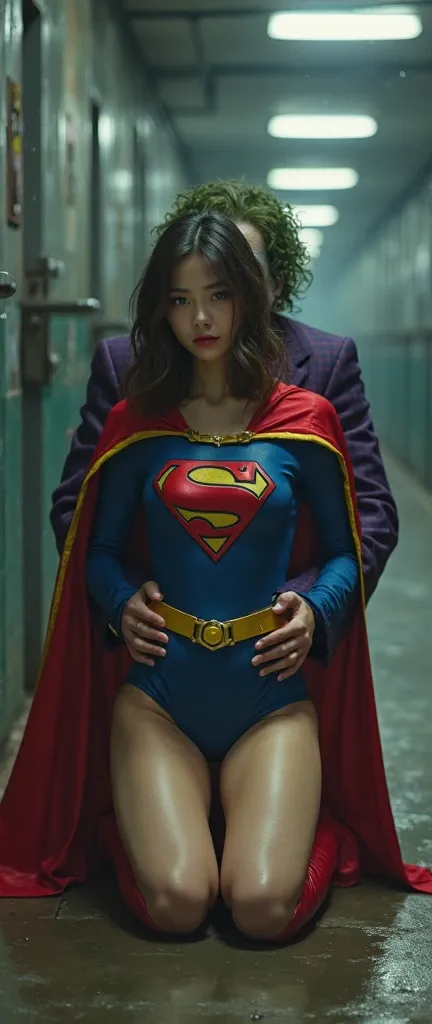   Full Body Image of a Beautiful Japanese Woman in Her 20s 、 Supergirl and the Joker are shown、Enchanting Blue Eyes　Crispy Medium Brown Hair  =TOP SUPERGIRL COSTUME,    blue leotards that brainwash men 、   Korean cute young woman in red short pleated skirt...