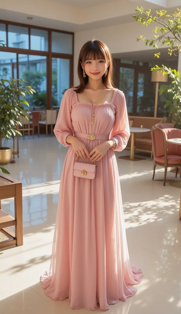 in this scene is elegantly set in the lobby of a hotel or designed building. Stylish and with a warm feel. In the center of the image is a woman in a long pink dress with floral details that stand out. On the sleeves and neck of the dress there is a design...