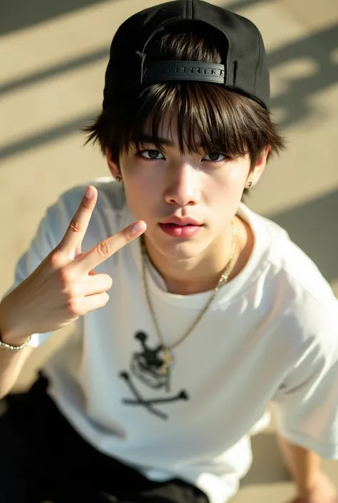 (hide face, no face) Male, Aesthetic young filipino guy, school, straight hair, side bangs, white skin, baggy white t-shirt, black baggy pants, posing nonchanlant, cool, (gangster print, backwards cap), face not seen, sunlight, warm filter, silver accessor...