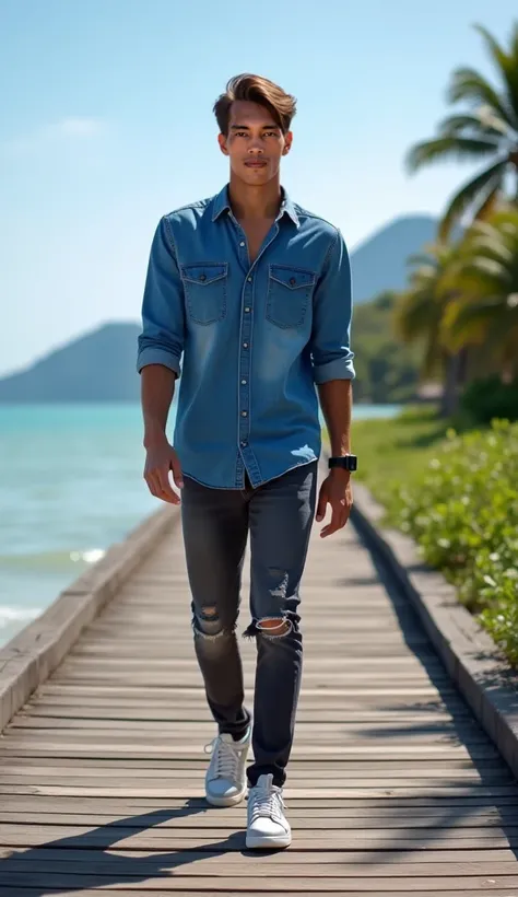 full-length photo of a young man with tanned skin tone, facial details, skin texture and straight hair styled with a side parting.((wearing a long-sleeved button-down shirt in Dar blue denim  color combine light grey)), wearing ripped dark grey long jeans,...