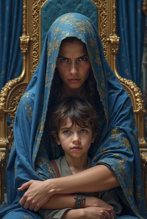 Hebrew woman hiding a Hebrew boy inside the royal palace , a throne with blue curtains 