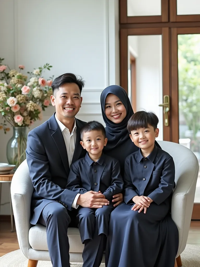 Indoor photo studio. Indonesian family. A 26-year-old father is wearing a navy formal clothing, the 25-year-old mother in a  hijab is wearing a navy dress, and two 3-years-old and 4-years-old boys wearing a navy formal clothing. They are sitting on a minim...