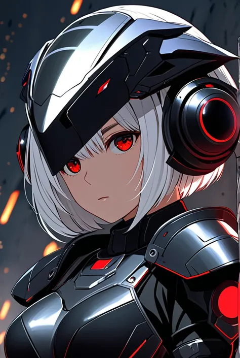 Girl with short white hair and red eyes with reinforced steel armor that does not leave exposed skin, But it marks its curves and a futuristic raven helmet with a visor for night vision and gas filtration that covers the entire head 