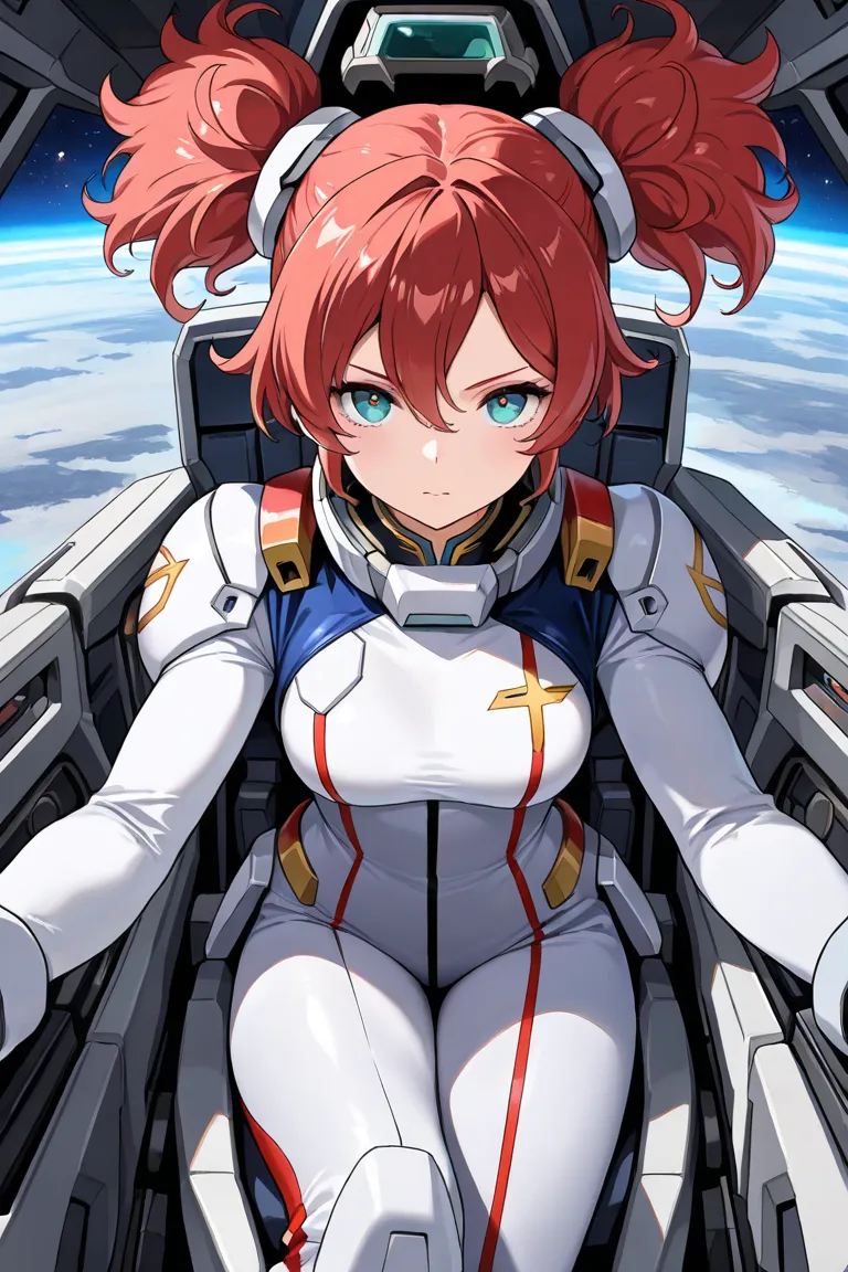 (masterpiece, best quality:1.2), highly detailed, 1girl ,  red hair , hair style is twintail  , fractal stars , fantasy space suite outfit , war in space , wuthering wave art  , sitting in cockpit gundam , gundam pilot 