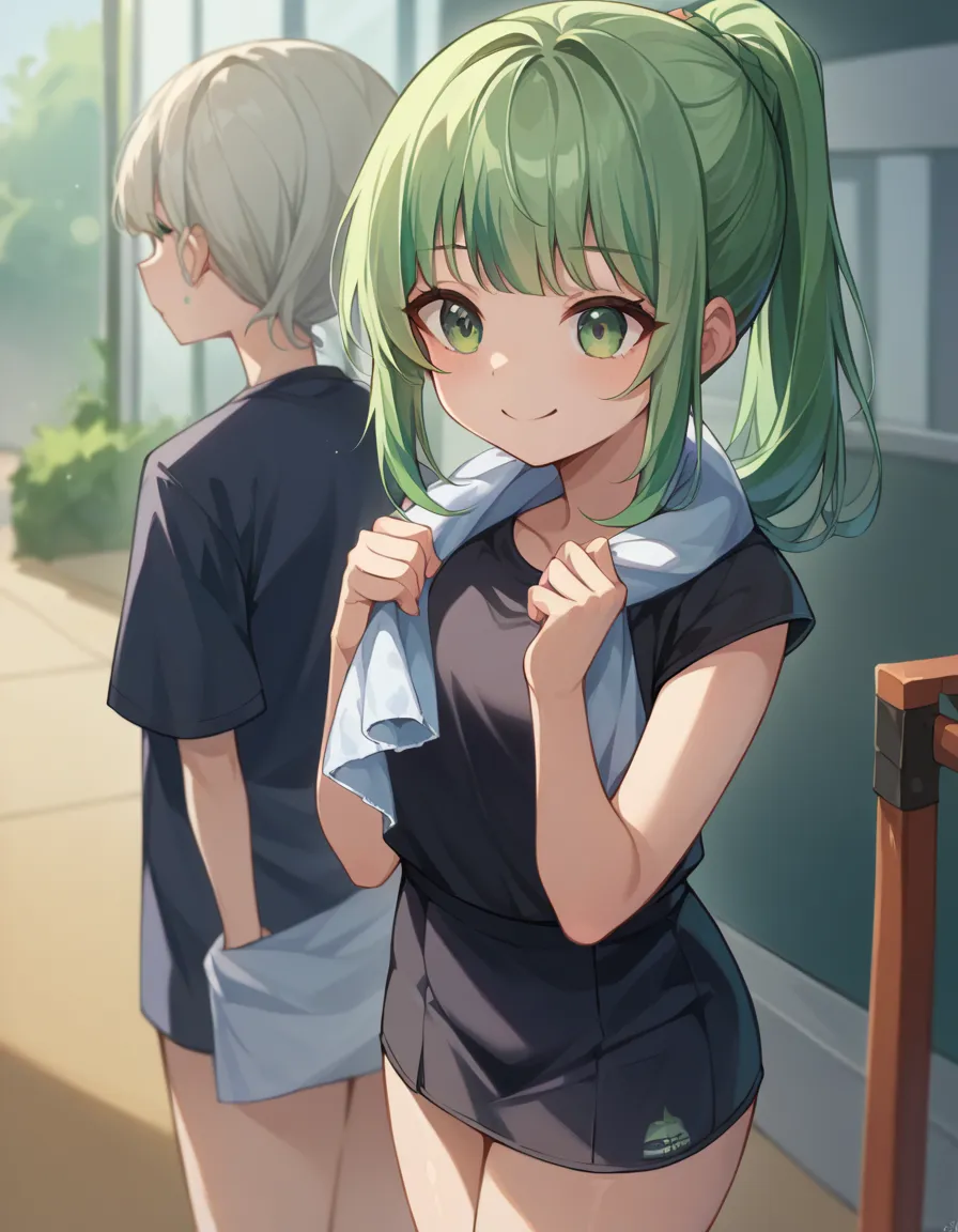  girls on the left、1 person、cute、Glazed gym、 green hair、rocking his ponytail、wears a black jersey over training wear、Bitter smile、 green eyes、delicate、standing、A towel wrapped around his neck