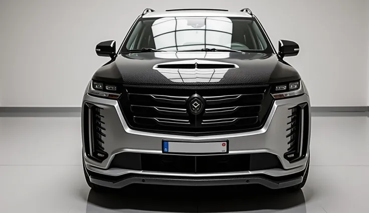 "A high-end, modified luxury SUV with an aggressive body kit, custom blacked-out grille, and carbon fiber detailing. The vehicle has a two-tone color scheme, featuring a glossy black hood and upper section, contrasted with a metallic silver lower body. The...