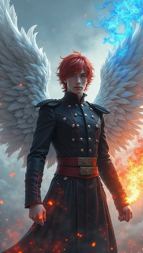 fantastic beauty、live-action、 perfect balance 、high definition、16k、fantasy closer to reality、Beautiful boy angel in a tight black military uniform with red hair, fluffy, medium hair spreading big white wings、A blue fire in the right hand that rises high ab...