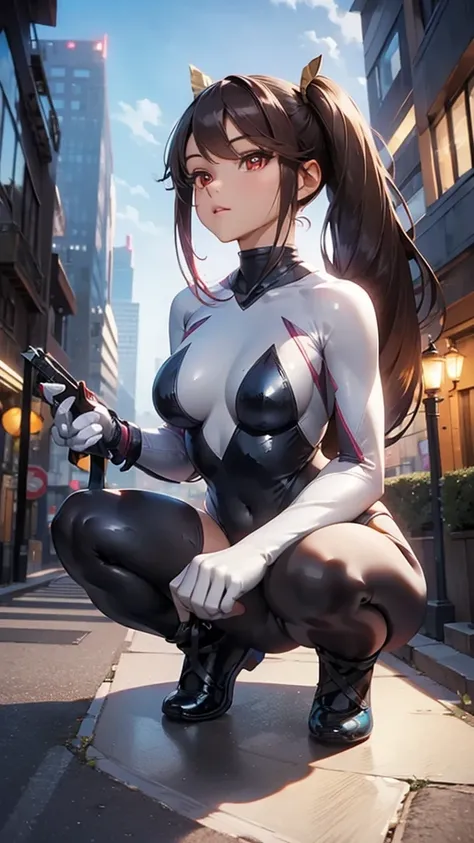 (masterpiece, best quality), intricate details, 8k, artstation, wallpaper, official art, splash art, sharp focus,, 1girl, long hair, twin tails, red eyes, brown hair, gold  swimsuit, skyscrapers, night city, buildings, cars, street action shot,  in a crouc...