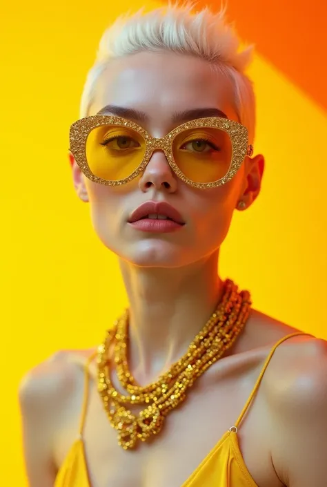 A photo of an albino woman with yellow eyes, wearing bold sunglasses and a golden necklace made from precious stones. She is dressed in a fashionable outfit with cutouts on the chest, all set against a vibrant background of bright yellows and oranges. The ...