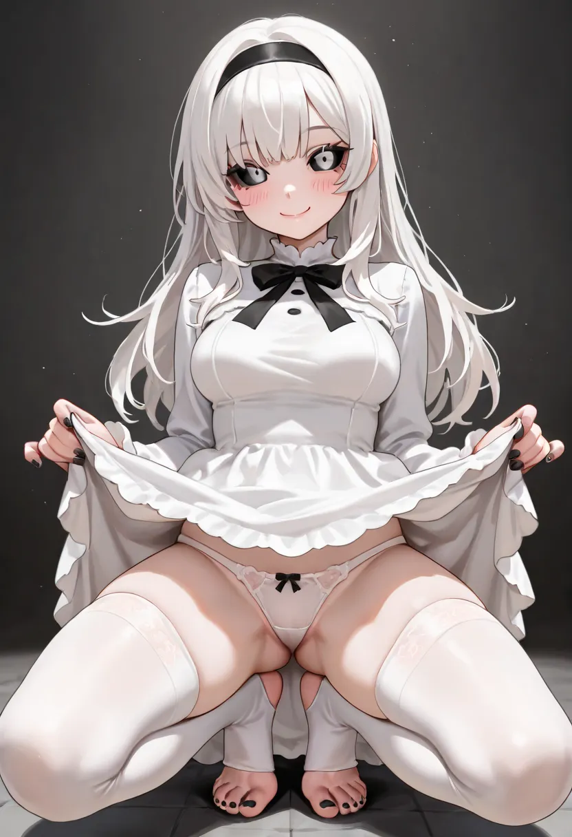 1girl, solo, long hair, looking at viewer, blush, smile, long sleeves, bow, closed mouth, medium breasts, underwear, white hair, hairband, white dress, nail polish, clothes lift, white thighhighs, black eyes, squatting, lifted by self, black nails, toenail...