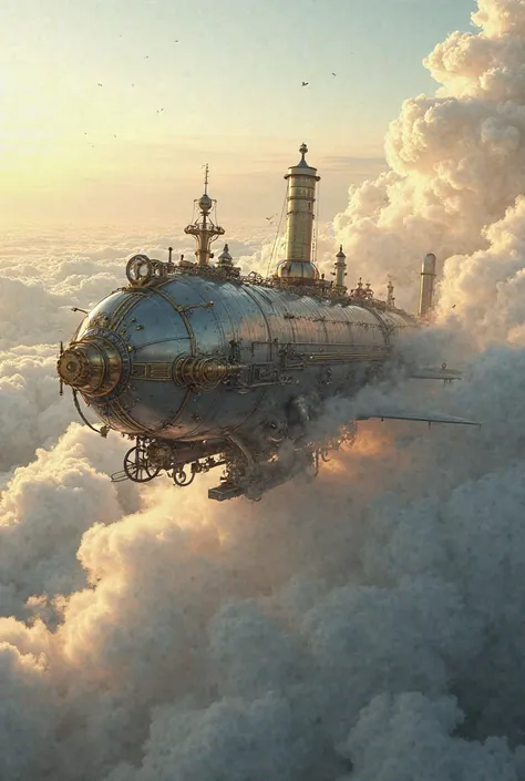 A steampunk airship flying through the clouds