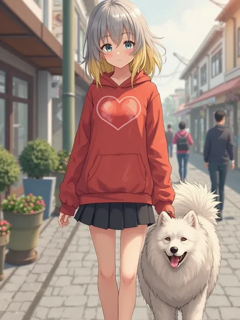 A Japanese woman with a beautiful face walking with a white Samoyed dog( real )The hair color is blonde and gray two-tone semi-long hair　The dress is a bright red hoodie with a heart symbol　black miniskirt　