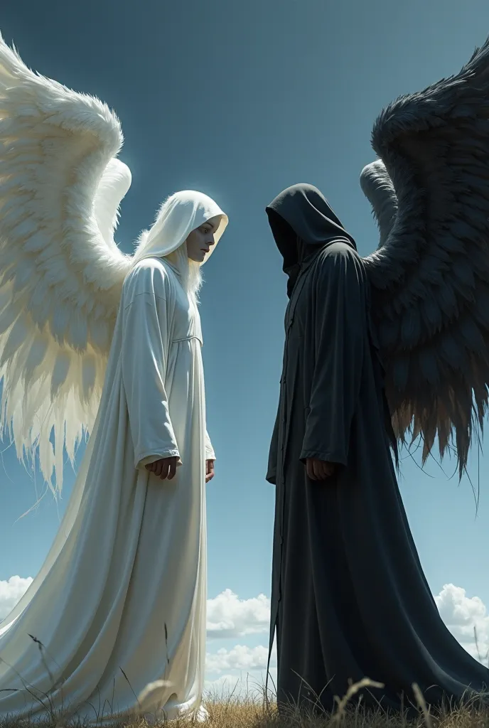 An angel positioned on the left wears an all-white robe with no face and white wings, while the angel on the right wears an all-black shirt and black wings also wears a hodie with no visible face, they look like arguing, atmosphere when the night is clear ...