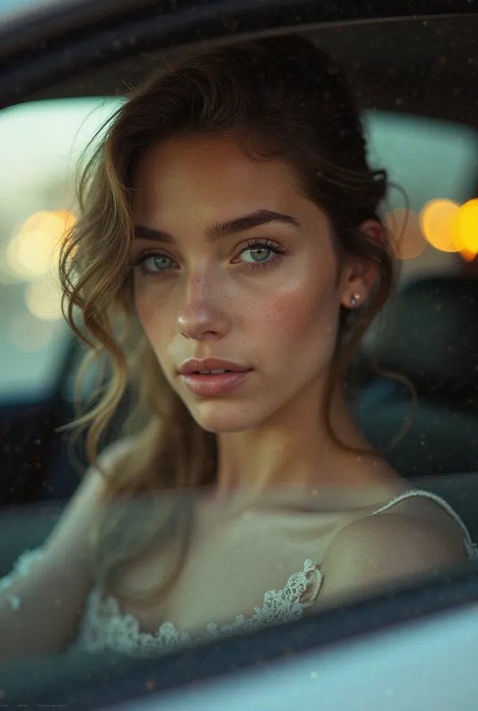 Ultra-Realistic Female, photo of 24 y.o beautiful woman, pale skin, bokeh, motion blur,sitting in a car.