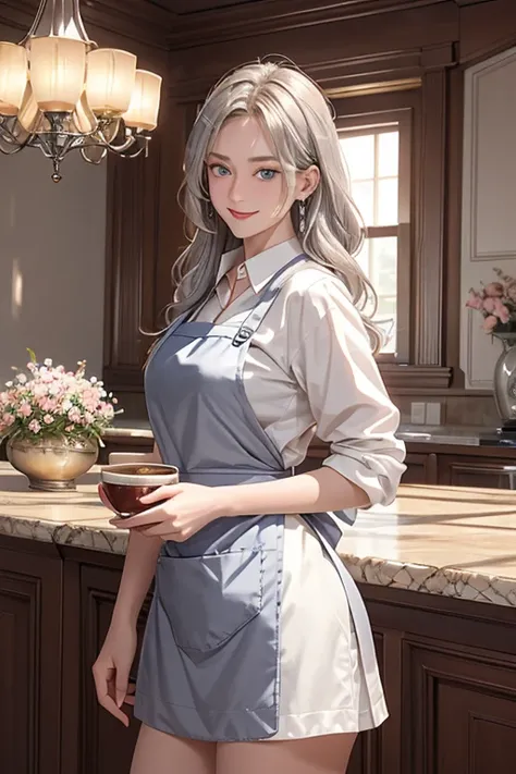 (from below:1.1),((1girl, silver hair, long hair, qutel blue eyes, beautiful eyes, pretty smile:1.5, ), coloring watercolor digital pencil ,Cherry blossoms falling,an animated painting of a woman in an apron standing at a coffee maker, 1girl, brown hair, s...