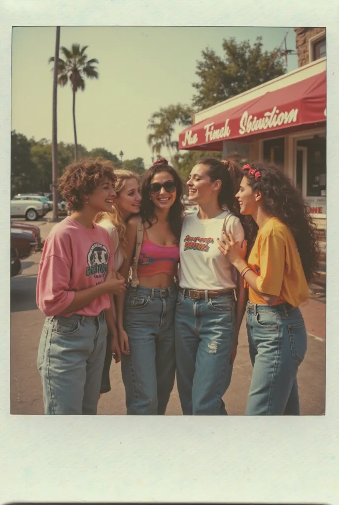 Create a realistic nostalgic Polaroid photo from the 1990s in America, capturing a group of friends or young people having fun. The scene should include '90s fashion, hairstyles, and accessories, with a backdrop that evokes the vibrant, carefree atmosphere...