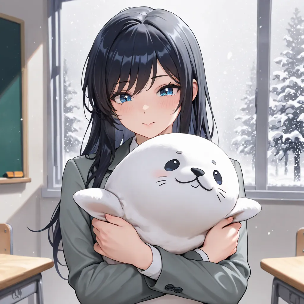 solo,  Female Teacher, cool , long hair, high definition,  black hair, masterpiece, whole, cool expression,Big Sparkling Blue Eyes ,gentlemen,is holding a stuffed seal,classroom,Snowstorm,gray suit.