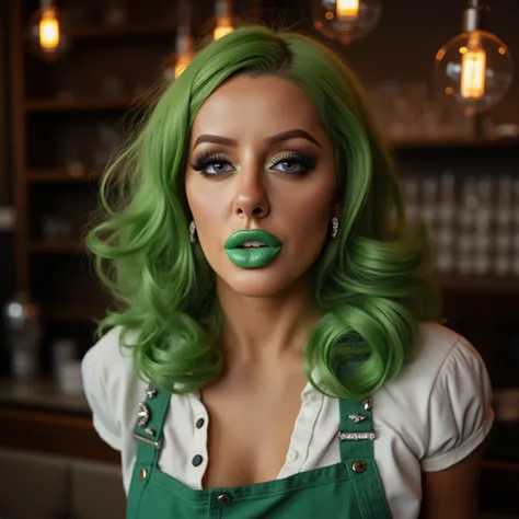 The image is a large portrait of a beautiful woman, barista,   smiling at the viewer   . The lips are covered with green lipstick.  big plump lips.  outrageously long and voluminous lash extensions. Very beautiful diamond long earrings.  She has big blue e...