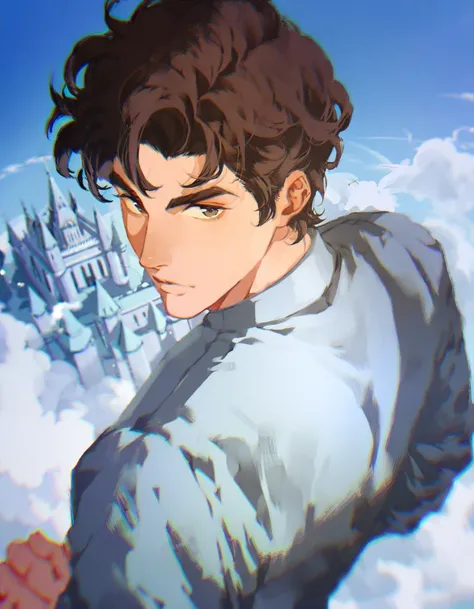  one boy in airspace, ager holding a castle, brown eyes, brown hair,  curly hair,  blanking 