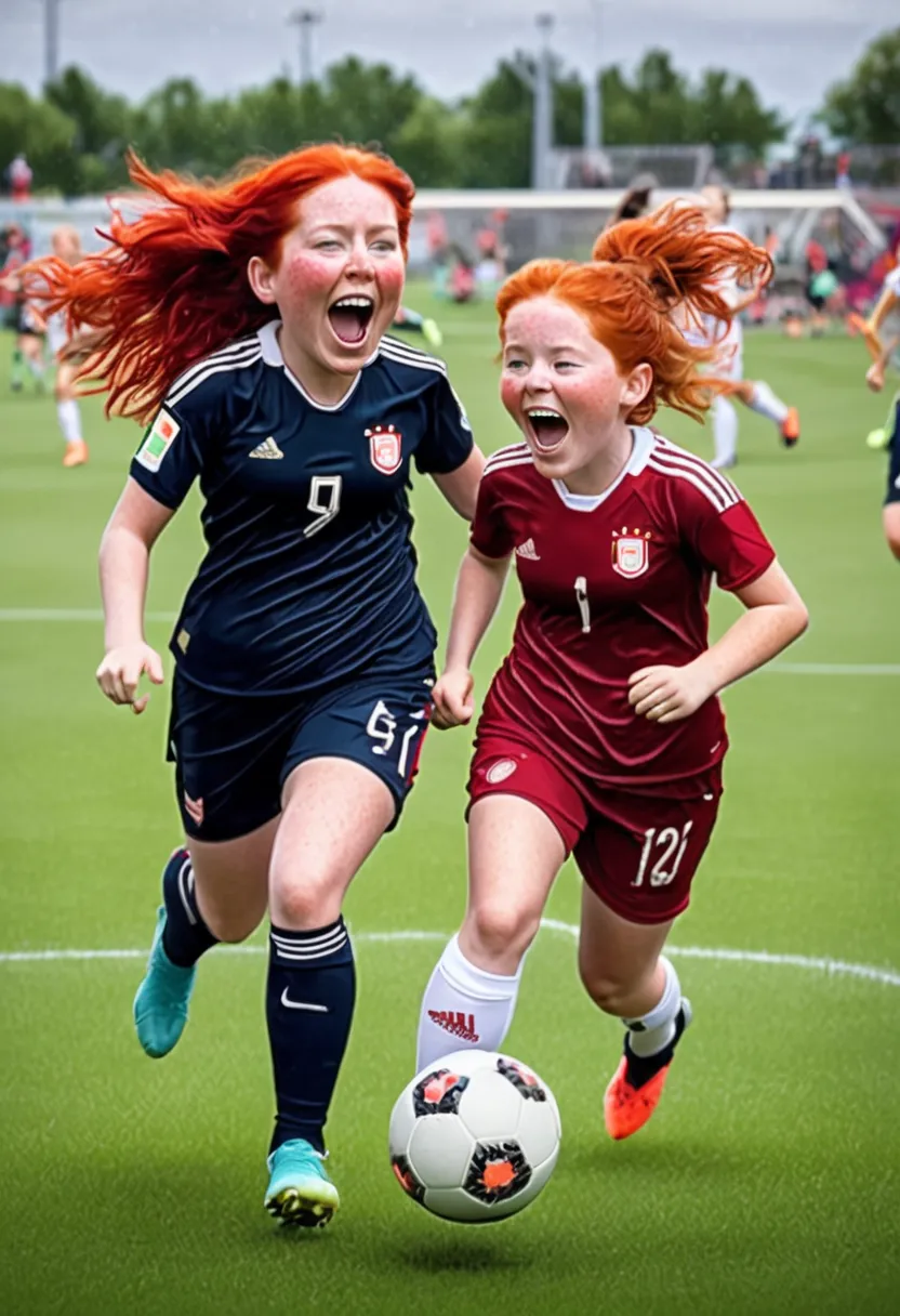 Victory and defeat in women's soccer. Chubby red-haired freckled girls playing soccer. One team will win, the other will lose. There can only be 1 left