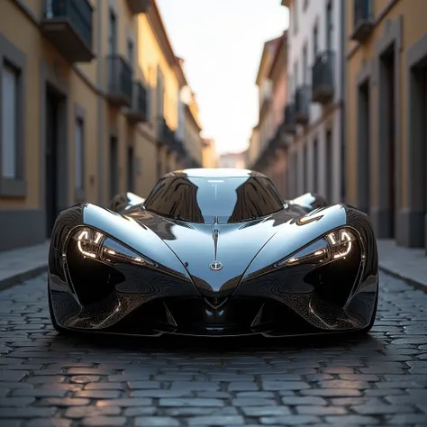 a modern glass sports car with  with a sleek and modern heart-shaped headlight and curved lines inspired in rococó architecture in the streets of evora, cinematic lighting, front view
