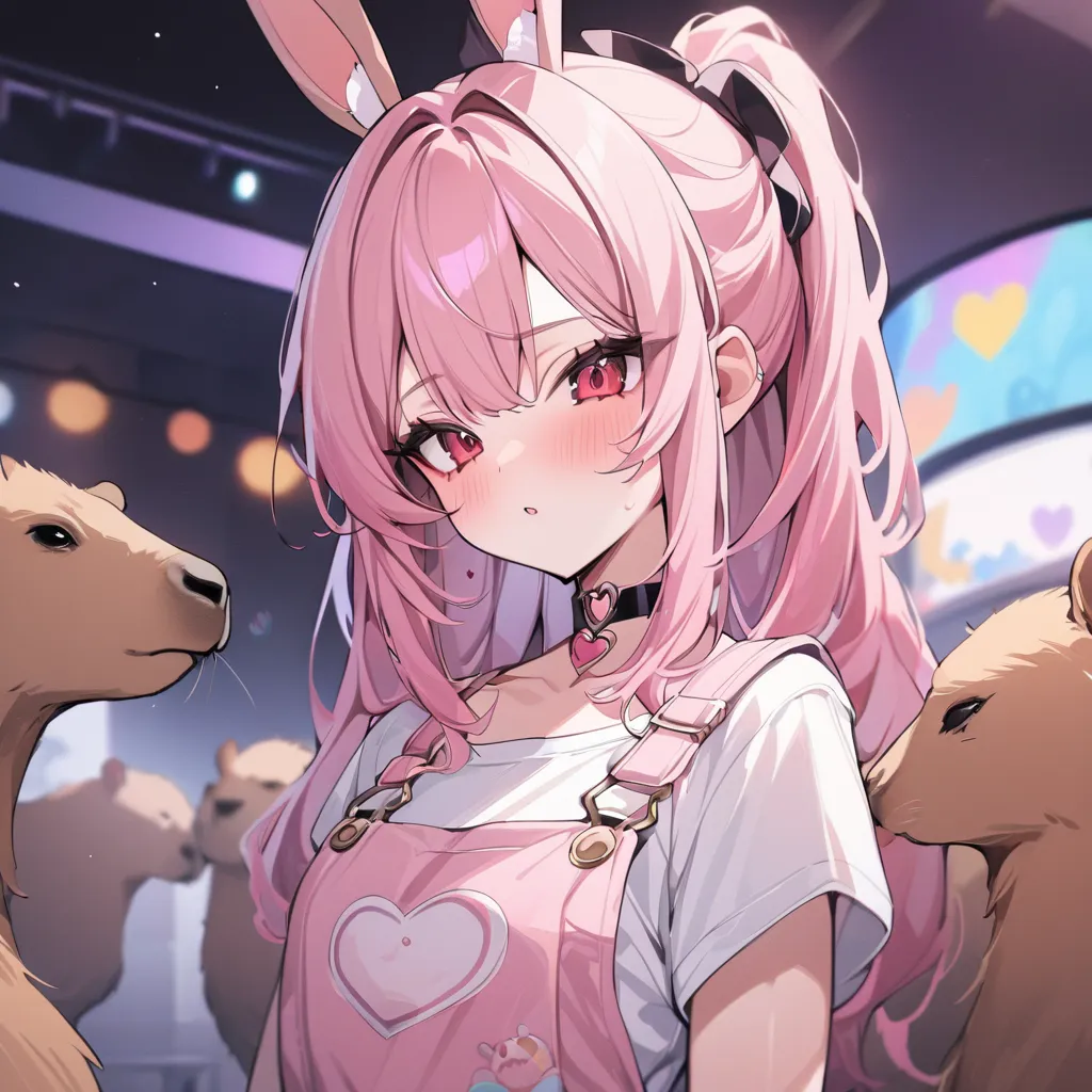 , zoo keeper々）, sexy innocent beauty, heart shaped choker, (masterpiece, highest quality), capybara art, beautiful and aesthetic: 1.2), (1 girl), very detailed, (cute zoo art: 1.3), white pink colorful, pink long hair、red eyes, rabbit ear, overalls dress, ...