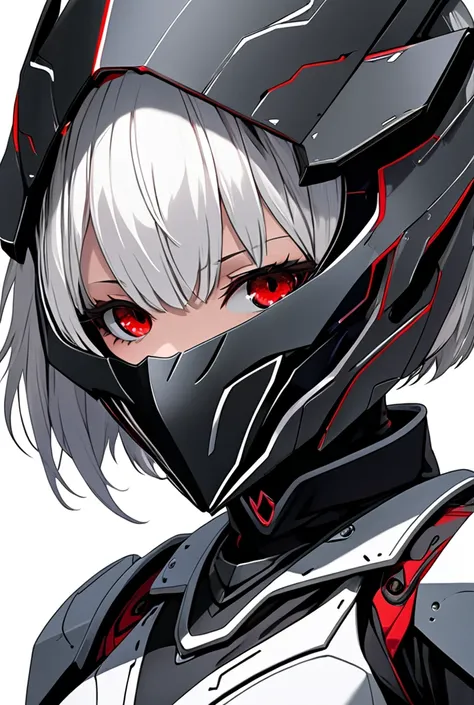 Girl with short white hair and red eyes with a futuristic reinforced steel armor that leaves no skin exposed and a raven mask and helmet that covers her face 