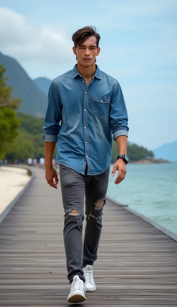 full-length photo of a young man with tanned skin tone, facial details, skin texture and straight hair styled with a side parting.((wearing a long-sleeved button-down shirt in Dar blue denim  color combine light grey)), wearing ripped dark grey long jeans,...